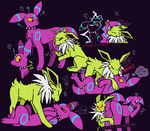 anger_symbol animal_genitalia balls bite biting_thigh blep blush butt collar confusion directional_arrow dramatic_lighting duo electricity ellipsis embarrassed exclamation_point face_squish facepalm female feral genitals happy hug hugging_another hugging_butt hugging_leg inner_monologue kiss_on_lips kissing lightning looking_back looking_down lying magnetism male male/female narrowed_eyes neck_tuft on_back onomatopoeia paw_in_face pawpads paws question_mark rubbing_cheek sheath shocked sound_effects spiked_collar spikes squint squish static_electricity stuck_together surprise_kiss tail text text_with_heart thinking tongue tongue_out tuft vulva witseoc nintendo pokemon pokemon_mystery_dungeon spike_chunsoft yomi_hustle eeveelution generation_1_pokemon generation_2_pokemon jolteon pokemon_(species) shiny_pokemon umbreon unown_(pokemon) unown_a unown_b unown_c unown_d unown_e unown_f unown_g