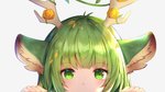 accessory antlers female fingers fur furgonomics green_body green_ears green_eyes green_fur green_hair hair horn horn_accessory looking_at_viewer simple_background solo dxnekon vshojo vtuber haruka_karibu animal_humanoid deer deer_humanoid humanoid mammal mammal_humanoid new_world_deer new_world_deer_humanoid reindeer_humanoid hi_res