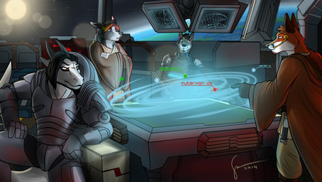anthro armor black_hair black_horn blue_eyes brown_clothing brown_robe clothed clothing crossed_arms electronics fur green_eyes grey_armor grey_body grey_fur group hair head_tuft headgear headphones headset hologram horn inside male male_anthro narrowed_eyes orange_body orange_eyes orange_fur planet purple_eyes robe space standing tuft white_body white_fur hufnaar mythology canid canine dragon fox mammal mythological_creature mythological_scalie scalie 2014 alternate_version_at_source dated
