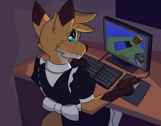 5_fingers anthro black_clothing bodily_fluids bow_ribbon brown_body brown_fur bucket cheek_tuft chest_(container) claws clothed clothing computer computer_keyboard computer_mouse container crossdressing crossdressing_male crying dipstick_ears ear_markings electronics facial_tuft fail fingers fur furniture gaming gloves_(marking) grass head_tuft holding_object humor inside looking_at_viewer looking_back maid_uniform male markings mole_(marking) monitor mousepad multicolored_body multicolored_ears multicolored_fur obsidian_(material) orange_body orange_fur plant playing_video_game sad screencap sitting snout solo table tail tears tuft uniform water white_body white_clothing white_eyes white_fur suitedwolfie microsoft minecraft mojang skyblock xbox_game_studios balthy_(suitedwolfie) canid canine fox mammal 2025 digital_drawing_(artwork) digital_media_(artwork) hi_res shaded