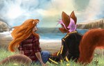 anthro beach clothing duo female hair male male/female pink_hair red_hair seaside uniform aerosaur83 learning_the_mirrors hariett_evell_(character) tenshi_foern canid canine canis cellan_(species) fox hybrid mammal mustelid otter wolf absurd_res hi_res