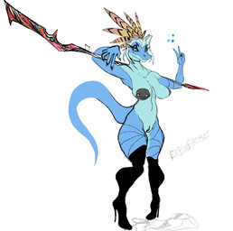 accessory anthro barbell_piercing blue_body boots clothing feather_in_hair female footwear gesture hair hair_accessory hand_gesture high_heeled_boots high_heels loose_feather nipple_barbell nipple_piercing nipples one_nipple_pierced piercing shoes small_waist smug solo tail thick_thighs v_sign weapon wide_hips erenerbe scalie