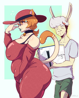 anthro big_breasts big_butt breasts butt clothing duo female hair huge_breasts male male/female mature_female red_clothing simple_background tail thick_thighs lallamitan_t joan_(lallamitan_t) martha_(mrmapache) camelid domestic_cat felid feline felis llama mammal absurd_res digital_media_(artwork) hi_res