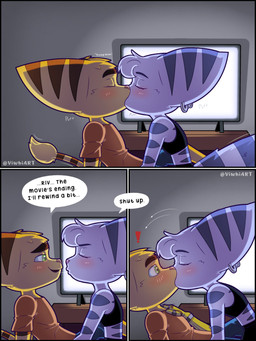 anthro bed blue_eyes blush breasts brown_nose cybernetic_arm cybernetic_limb dialogue duo ear_piercing ear_ring electronics female fur furniture green_eyes kiss_on_lips kissing male male/female markings mechanical_arm movie_night piercing pink_nose purring ring_piercing romantic romantic_couple small_breasts speech_bubble striped_body striped_fur striped_markings stripes television white_body white_fur yellow_body yellow_fur viwhi_art ratchet_and_clank sony_corporation sony_interactive_entertainment ratchet_(ratchet_and_clank) rivet_(ratchet_and_clank) humanoid lombax mammal 3:4 comic hi_res