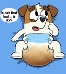 anthro clothed clothing diaper diaper_fetish diaper_only feces fur lying male on_back soiled soiled_diaper soiling solo text topless unclean_diaper used_diaper wearing_diaper young young_anthro baltnwolf_(artist) bluey_(series) jack_russell_(bluey) canid canine canis domestic_dog mammal english_text hi_res