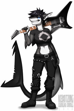 5_fingers anthro blue_eyes breasts ear_piercing electric_guitar female fin fingers guitar midriff musical_instrument navel non-mammal_breasts piercing plucked_string_instrument simple_background smile solo standing string_instrument teeth white_background wide_hips kero_tzuki aquatic fish shark