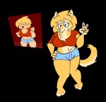 anthro big_breasts blonde_hair bottomwear breasts caucasian clothing crop_top cutoffs denim denim_bottomwear denim_clothing female fur gesture hair hand_gesture looking_at_viewer not_furry redesign shirt shorts slightly_chubby slightly_chubby_female solo thick_thighs topwear v_sign wide_hips yellow_body yellow_fur bbqnboots40 canid mammal alpha_channel hi_res