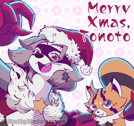 anthro blue_eyes christmas_clothing christmas_headwear clothing cybernetics duo evolutionary_family female fur grey_body grey_fur hat headgear headwear holiday_message holidays machine mask mechanical_arm orange_body orange_fur red_eyes santa_hat text dailywolvermon bandai_namco christmas digimon digimon_beatbreak cyborg digimon_(species) pristimon wolvermon english_text