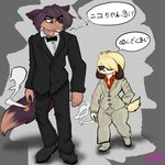 anthro blonde_hair bow_tie cigarette clothing dipstick_tail duo eye_patch eyewear footwear fur green_eyes hair male markings multicolored_tail shoes size_difference smoking suit sunglasses tail tail_markings text yellow_body yellow_fur iamzavok yakuza_(series) goro_majima kazuma_kiryu niko_(pkfirefawx) vin_(ng_canadian) canid canine canis domestic_dog mammal 1:1 absurd_res hi_res japanese_text translation_check translation_request