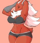 anthro athletic athletic_anthro athletic_female athletic_tape big_breasts bottomwear bra breasts clothed clothing eyes_closed female front_view hair hands_behind_head hotpants navel nipple_outline pink_background shorts simple_background solo standing thick_thighs underwear white_hair wide_hips danonymous nintendo pokemon blaziken generation_3_pokemon pokemon_(species) 2020 hi_res