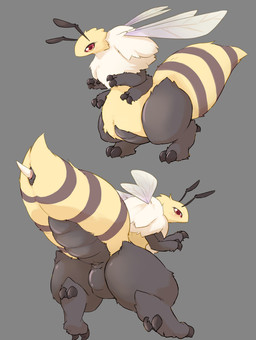 ambiguous_gender antennae_(anatomy) anthro arthropod_abdomen black_body blush butt claws featureless_crotch feet fur grey_background insect_wings looking_at_viewer looking_back mane multi_limb multicolored_body multiple_poses nude null pose rear_view red_eyes red_sclera simple_background solo standing stinger three-quarter_view white_body white_fur wings yellow_body ukan_muri mythology arthropod bee dragon hybrid hymenopteran insect mythological_creature mythological_scalie scalie