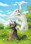 4_toes 5_fingers anthro arm_tuft black_body black_fur black_nose brown_eyes claws cloud collar dandelion day detailed_background digitigrade duo elbow_tuft eye_contact feet fingers flower fur grass grey_body grey_eyes grey_fur hair hindpaw humanoid_hands jumping looking_at_another male multicolored_body multicolored_fur nude open_mouth outside pawpads paws plant sitting sky smile tan_body tan_fur tan_hair teeth toes tongue tuft white_body white_fur orphen-sirius canid canine canis domestic_dog hunting_dog mammal terrier yorkshire_terrier 2020 hi_res