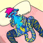 anthro bed_sheet bedding blue_body blue_fur bodily_fluids breasts female fur genital_fluids genitals masturbating_on_bed masturbation nipples pink_bed_sheet pink_bedding pussy solo stripes vaginal vaginal_fluids vaginal_masturbation yellow_stripes angreebees animal_humanoid felid felid_humanoid humanoid mammal mammal_humanoid pantherine pantherine_humanoid tiger tiger_humanoid 1:1