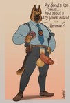 anthro balls beard belt big_penis biped blue_clothing blue_necktie blue_shirt blue_topwear bodily_fluids bottomwear claws clothed clothing dessert doughnut dripping erection eyewear facial_hair finger_claws food footwear genital_fluids genitals glasses gun holding_doughnut humanoid_genitalia humanoid_penis looking_at_viewer male male_anthro mature_anthro mature_male necktie open_bottomwear open_clothing open_pants pants pastry penis police police_badge police_officer precum precum_drip ranged_weapon ring shirt shoes solo standing talking_to_viewer text topwear vein veiny_penis weapon marlon.cores canid canine canis domestic_dog german_shepherd herding_dog mammal pastoral_dog 2024 absurd_res digital_media_(artwork) english_text full-length_portrait hi_res portrait