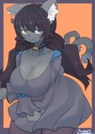 anthro big_breasts black_hair black_nose breasts choker cleavage clothed clothing female female_anthro grey_body hair heterochromia huge_breasts jewelry kemono necklace slightly_chubby smile solo arumo domestic_cat felid feline felis mammal 2020 hi_res