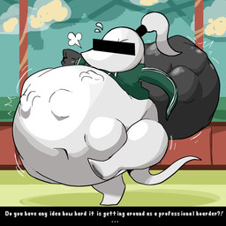 abdominal_bulge ambiguous_gender ambiguous_pred anthro anthro_pred bag belly big_belly bodily_fluids bottomless breath censor_bar clothed clothing dialogue flying_sweatdrops green_clothing green_jacket green_topwear hair huge_belly jacket navel ponytail solo_focus sweat sweatdrop tail text topwear trash_bag unseen_prey vore white_body pawplants ena:_dream_bbq ena_(series) hoarder_alex_(ena) unknown_species 1:1 2025 digital_media_(artwork) english_text hi_res