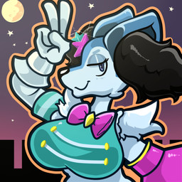 4_fingers alternate_color anthro anthrofied big_breasts biped black_outline bow_tie breasts clothing crop_top detailed_background female fingers front_view half-closed_eyes happy looking_at_viewer moon narrowed_eyes night outer_highlight outline shirt sky smile solo star starry_sky sunset topwear white_body kiss_the_carrot nintendo pokemon braixen canid canine generation_6_pokemon mammal pokemon_(species) 1:1 digital_media_(artwork) half-length_portrait hi_res portrait