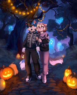 ambiguous_gender anthro arm_grab black_hair blue_body blue_collar blue_eyes blue_fur bottomwear claws clothed clothing collar decoration detailed_background duo ear_piercing eye_through_hair floating food footwear fruit fur grass grey_body grey_fur hair halloween_decoration holidays jack-o'-lantern looking_at_another male multicolored_body multicolored_fur multicolored_hair night outside pants park piercing pink_body pink_claws pink_fur pink_hair plant plantigrade pumpkin scared scared_face shoes smile sweater text topwear trail translucent translucent_hair tree two_tone_hair whiskers white_body white_fur white_hair ruddi halloween canid canine canis domestic_cat felid feline felis ghost mammal spirit wolf 2025 artist_name digital_media_(artwork) hi_res signature