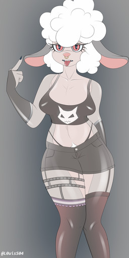 alternative_fashion anthro armwear black_clothing black_crop_top black_legwear black_panties black_shirt black_thigh_highs black_topwear black_underwear bottomwear breasts bridal_gauntlets clothed clothed_anthro clothed_female clothing crop_top denim denim_bottomwear denim_clothing denim_shorts eyebrow_through_hair eyebrows facial_piercing female fingers front_view fur gesture grey_background hair hand_gesture humanoid_hands legwear looking_at_viewer medium_breasts middle_finger navel nose_piercing nose_ring panties piercing pubes punk red_eyes ring_piercing septum_piercing septum_ring sharp_teeth shirt shorts simple_background solo standing teeth text thigh_highs tongue tongue_out topwear translucent translucent_hair underwear white_body white_fur louiss. bovid caprine mammal sheep absurd_res artist_name hi_res portrait three-quarter_portrait