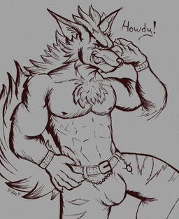 anthro bulge chain chest_tuft clothed clothing fluffy fur male muscular raised_arm smile smirk solo tail topless tuft elhaz mythology lycan_west_(fortnite) canid canine canis mammal mythological_canine mythological_creature werecanid werecanine werecreature werewolf wolf absurd_res hi_res