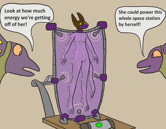 anthro battery brown_body energy_drain female immobilization latex machine_bondage muzzle_(object) muzzled nude nude_female rape_play science_fiction simulation solo text vacuum_bed trinitite tory_(trinitite) ahuizotl purple_lizard_(trinitite) english_text