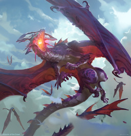 ambiguous_gender breath_powers claws cloud day elemental_manipulation feral fire fire_breathing fire_manipulation flying group horn long_tail membrane_(anatomy) membranous_wings outside purple_body purple_scales scales solo_focus tail wings alex_konstad hasbro magic:_the_gathering mythology wizards_of_the_coast dragon mythological_creature mythological_scalie scalie absurd_res hi_res official_art