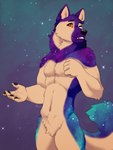 5_fingers anthro blue_body blue_fur cosmic_background fingers fur laws male navel orange_sclera red_eyes smile solo noviraine canid canine canis domestic_dog husky mammal nordic_sled_dog spitz 2022 digital_media_(artwork)