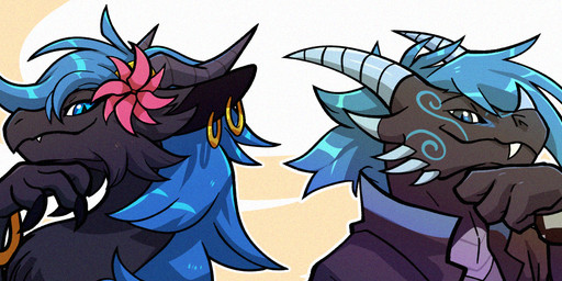ambiguous_gender anthro black_body black_fur blue_eyes blue_hair bracelet clothed clothing duo flower fluffy fur hair horn jacket jewelry plant spikes topwear wings blitzdrachin conditional_dnp mythology dragon furred_dragon furred_scalie mythological_creature mythological_scalie scalie 2025 digital_drawing_(artwork) digital_media_(artwork)