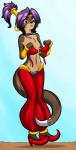 anthro biped blush breasts brown_body brown_fur clothed clothing cosplay dipstick_tail ear_piercing female footwear fur green_eyes hair long_hair markings multicolored_tail navel nipples piercing ponytail purple_hair shoes sky small_breasts solo standing tail tail_markings wardrobe_malfunction rearhwhitetail shantae_(series) wayforward shantae mammal mustelid otter 2016 absurd_res digital_media_(artwork) hi_res