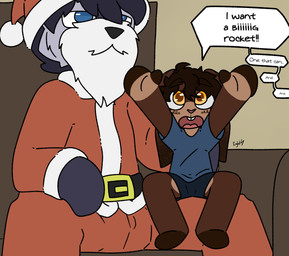 andromorph anthro armchair beard belt black_belt black_hair black_nose blue_bottomwear blue_clothing blue_eyes blue_pants blue_shirt blue_shorts blue_t-shirt blue_topwear bottomwear brown_body brown_ears brown_eyes brown_fur brown_hair buckteeth chair christmas_clothing christmas_headwear clothing coat costume duo exclamation_point facial_hair fur furniture grey_body grey_fur hair half-closed_eyes hand_on_arm hand_on_own_arm happy hat headgear headwear holidays intersex long_ears male multicolored_body multicolored_clothing multicolored_coat multicolored_ears multicolored_fur multicolored_topwear narrowed_eyes on_lap pants raised_arm red_bottomwear red_clothing red_coat red_hat red_headwear red_pants red_topwear santa_coat santa_costume santa_hat shirt shorts sitting sitting_on_another sitting_on_armchair sitting_on_lap smile speech_bubble t-shirt teeth text three-quarter_view tongue topwear two_tone_body two_tone_clothing two_tone_coat two_tone_ears two_tone_fur two_tone_hat two_tone_topwear white_clothing white_coat white_hat white_headwear white_topwear young young_andromorph young_anthro young_intersex lightningb0lt01 christmas canid canine canis lagomorph leporid mammal rabbit wolf 2025 absurd_res digital_media_(artwork) english_text hi_res signature andromorph_(lore)
