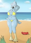 anthro beach beak big_breasts black_beak black_eyes blue_body blue_feathers breasts cheek_tuft chest_tuft clothing cloud duo eyelashes facial_tuft feathers female feral hand_behind_head head_feathers head_tuft huge_breasts navel one_eye_closed open_mouth sea seaside sky solo_focus swimwear thick_thighs tuft water wide_hips yellow_clothing yellow_swimwear chunkiroll_(artist) twitter tweetfur arthropod avian bird crab crustacean decapoda malacostracan marine hi_res meme