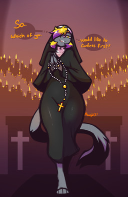 anthro christian_cross christian_symbol clasped_hands cross crucifix curled_tail female nun_outfit pose religion religious_symbol seductive solo speech_bubble standing tail text thick_thighs wide_hipped_female mewgle christianity ashley_(mewgle) domestic_cat felid feline felis mammal english_text hi_res