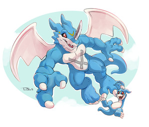 3_fingers 3_toes 5_fingers ambiguous_anthro ambiguous_gender anthro biped blade blue_body breasts claws cloud countershade_face countershade_torso countershading duo facial_horn facial_markings facial_spikes featureless_breasts featureless_crotch feet finger_claws fingers flying grey_markings hand_on_another's_foot hanging_by_arms happy head_markings horn larger_anthro larger_male looking_down looking_down_at_another male male_anthro markings membrane_(anatomy) membranous_wings multicolored_body muscular muscular_anthro muscular_male nose_horn nude nude_anthro nude_male open_mouth open_smile pink_tongue plantigrade red_eyes simple_background size_difference sky smaller_ambiguous smaller_anthro smile smiling_at_another spikes spikes_(anatomy) tail teeth toe_claws toe_grab toes tongue torso_markings two_tone_body white_body white_claws white_countershading white_finger_claws white_membrane white_toe_claws white_wings wings yellow_markings teaselbone bandai_namco digimon digimon_(species) exveemon veemon 2020 digital_media_(artwork) shaded signature