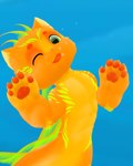 anthro fin fur gesture glowing green_eyes looking_at_viewer male one_eye_closed orange_body orange_fur simple_background smile smiling_at_viewer solo split_form waving wink winking_at_viewer fairycatcreation pio_fairy_cat domestic_cat fairy felid feline felis mammal marine merfolk absurd_res hi_res