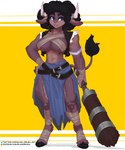 abs afro anthro bandage bandaged_arm bandaged_chest bandaged_foot belt belt_buckle beltskirt biceps big_breasts big_butt bindings black_hooves blue_eyes bottomwear breast_squish breasts brown_body buckle butt cleavage cleavage_cutout cleavage_overflow clothed clothing club_(weapon) crossed_belts cutout female forearms furgonomics glistening glistening_body glistening_breasts glistening_eyes hand_on_hip hooves horn huge_butt huge_hair huge_thighs loose_belt melee_weapon muscle_tone muscular muscular_anthro muscular_female muscular_thighs navel neck_tuft piercing raised_tail ring_(jewelry) skirt solo squish tail tail_motion tail_through_skirt tail_tuft tan_body text thick_thighs topwear torn_clothing tuft tufted_ears vest weapon wide_hips wrap_bra wrappings blushbrush european_mythology greek_mythology horns_and_hooves mythology olivia_(wolf751) bovid bovine mammal minotaur 5:6 absurd_res hi_res url