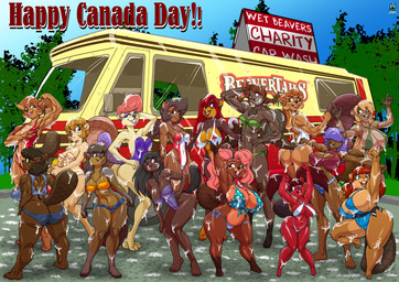 abs anthro arched_back bent_over big_breasts bikini blonde_hair blue_eyes bottomwear braided_hair breast_size_difference breasts brown_body brown_eyes brown_fur brown_hair buckteeth butt chest_tuft claws cleavage_cutout clothed clothing crowd cutout daisy_dukes denim denim_bottomwear denim_clothing denim_shorts ear_piercing ear_ring eye_through_hair eyebrow_through_hair eyebrows eyeshadow eyewear female forest freckles front_view fur furgonomics glasses gloves_(marking) green_eyes grin group hair hair_over_eyes hand_behind_head hand_on_hip holidays hotpants leg_markings long_hair looking_at_viewer makeup markings multicolored_body multicolored_fur muscular muscular_anthro muscular_female navel nipple_outline on_one_leg one-piece_swimsuit open_mouth open_smile outside piercing pigtails pink_hair plant ponytail pose purple_eyes rear_view recreational_vehicle red_hair ring_piercing short_hair shorts side-tie_bikini sign size_difference skimpy sling_bikini smile socks_(marking) standing string_bikini suds swimwear teeth text thick_thighs toe_claws translucent translucent_hair tree tuft two-piece_swimsuit two_tone_body two_tone_fur vehicle voluptuous_anthro voluptuous_female wet wet_body white_body max_blackrabbit canada_day annie_(brian_mcpherson) beverly_(sailoranna) bucki_(max_blackrabbit) bunn_delafontaine cinn_delafontaine beaver mammal rodent 2025 english_text hi_res