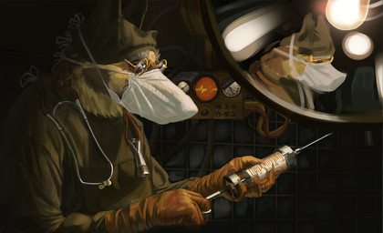 anthro big_syringe black_background blue_eyes brown_body brown_fur clothed clothed_anthro clothed_male clothing detailed_background doctor elderly elderly_anthro elderly_male eyewear fur glasses gloves handwear holding_syringe latex latex_clothing latex_gloves latex_handwear male male_anthro mask medical medical_gloves medical_instrument medical_syringe mirror multicolored_body multicolored_fur science scientific_instrument scrubs shirt simple_background solo stethoscope surgeon surgical_mask syringe topwear wearing_glasses kaltag1925 dr._caligari canid canine canis domestic_dog german_shepherd herding_dog mammal pastoral_dog digital_media_(artwork) digital_painting_(artwork) hi_res painting_(artwork)
