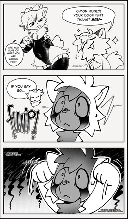 3_fingers 3_panel_comic 4_fingers abstract_background anthro asking_another asking_if_sure becoming_erect big_penis black_clothing black_text black_text_border black_text_outline blush bodily_fluids border bulge cardiogram cheek_tuft chibi claws closed_frown clothing cowlick crossed_arms dialogue dripping_lines duo erection eye_bags eyes_closed facial_markings facial_tuft finger_claws fingers fluffy fluffy_fur fluffy_tail frown fwip genitals grey_text hair halftone_background halftone_shading head_markings highlights_(coloring) hip_tuft horn inner_monologue instinct latex latex_clothing long_tail looking_at_another markings motion_lines mouth_closed narrowed_eyes neck_tuft oblivious onomatopoeia open_frown open_mouth open_smile outline overconfident pattern_background penis penis_shadow pupils raised_arms reaction_shot scrunched_nose shadow_on_face shocked shocked_silence short_tail simple_background small_pupils smile sound_effects sparkle_emanata squint standing still sweat sweatdrop tail tear_(marking) text thinking thousand_yard_stare threat_display tuft white_background white_border white_outline white_speech_bubble white_text white_text_border white_text_outline wide_eyed milkesheique kory_(koryvali) ailurid mammal red_panda unknown_species 2026 aliasing binary_drawing comic cross-hatching digital_drawing_(artwork) digital_media_(artwork) english_text greyscale halftone hatching_(art) hi_res monochrome shaded
