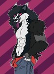 anthro black_hair bottomwear bulge clothed clothing denim denim_bottomwear denim_clothing hair jeans long_hair male muscular muscular_anthro muscular_male open_mouth pants pattern_background red_clothing red_sclera red_underwear simple_background snout solo striped_background tongue tongue_out topless underwear serpi_lilo nintendo pokemon rocket_(rhode_arts) generation_8_pokemon obstagoon pokemon_(species) 2023 digital_drawing_(artwork) digital_media_(artwork) hi_res watermark