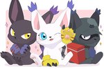 anthro backpack beady_eyes black_body black_fur blue_eyes clothing fur gloves group handwear hoodie one_eye_closed shadowed_eyes smile topwear trio white_body white_fur wink yellow_eyes kiirono bandai_namco digimon blackgatomon blackgatomon_uver. digimon_(species) felid feline felis gatomon mammal 2022 3:2