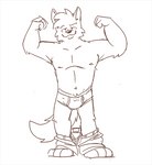 anthro barefoot bottomwear bottomwear_down briefs canid canine canis clothed clothing feet flexing_muscles heyitscousindave male mammal monochrome muscular muscular_male nipples pants pants_down partially_clothed simple_background sketch smile solo teeth_showing tighty_whities topless underwear white_background white_briefs white_clothing white_underwear wolf