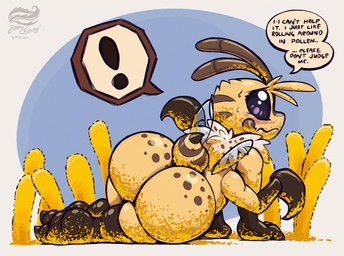 4_arms antennae_(anatomy) anthro blush bodily_fluids caught_off_guard compound_eyes dialogue embarrassed male mandibles multi_arm multi_limb nude pollen solo speech_bubble sweat text jammerhighwind wexley_(jammerhighwind) arthropod bee honey_bee hymenopteran insect 2024 dated english_text hi_res