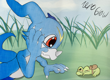 ambiguous_gender anthro blue_body claws duo feral green_body horn light lying male red_eyes resting_on_belly sky skyscape sunlight swamp tail tired zeroglow bandai_namco digimon mythology chorus_(frogsong) amphibian digimon_(species) dragon frog mythological_creature mythological_scalie scalie veemon hi_res