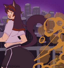 bottomwear building butt city city_background cityscape clothed clothed_humanoid clothed_male clothing ear_piercing facial_piercing fangs fart fart_cloud fart_fetish flower hair looking_back male multicolored_hair neck_bell nose_piercing nose_ring outside pants piercing plant pointy_ears prick_ears purple_sky railing red_hair ring_piercing sky skyscraper solo standing tail teeth text two_tone_hair taintedcan animal_humanoid cat_humanoid felid felid_humanoid feline feline_humanoid humanoid mammal mammal_humanoid 2026 absurd_res artist_name digital_drawing_(artwork) digital_media_(artwork) hi_res