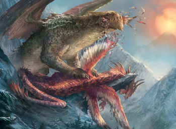 claws corpse death eating feathered_wings feathers feral frill_(anatomy) landscape long_neck long_tail macro membrane_(anatomy) membranous_frill mountain multi_wing quadruped solo sun sunset tail wings ryan_barger hasbro magic:_the_gathering mythology wizards_of_the_coast dragon feathered_dragon feathered_scalie mythological_creature mythological_scalie scalie official_art