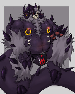 bone clothed clothing ear_piercing fur hooves horn latex latex_clothing latex_underwear male multi_horn nipple_piercing nipples overweight overweight_male parasite pawpads piercing skull skull_head underwear underwear_only demonrat demos_(demonrat) bovid caprine goat mammal monster absurd_res hi_res