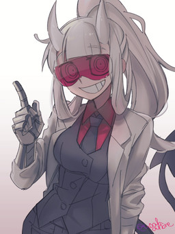 breasts clothing coat cybernetic_arm cybernetic_limb eyewear female glasses hair horn lab_coat looking_at_viewer necktie not_furry pointed_tail prosthetic prosthetic_arm prosthetic_limb safety_glasses simple_background smile solo spade_tail suit tail topwear white_hair noaharbre helltaker azazel_(helltaker) loremaster_(helltaker) demon demon_humanoid humanoid hi_res signature