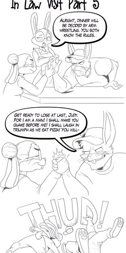 anthro arm_wrestling clothing dialogue eyewear female glasses group hat headgear headwear male mother-in-law_and_son-in-law speech_bubble text trio nauyaco forestdale jane_(forestdale) judy_summers_(forestdale) victor_summers_(forestdale) lagomorph leporid mammal rabbit 2025 absurd_res comic english_text hi_res url daughter_(lore) mother_(lore) mother_and_child_(lore) mother_and_daughter_(lore) parent_(lore) parent_and_child_(lore) parent_and_daughter_(lore)