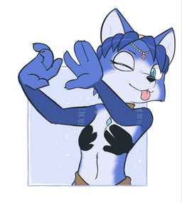 anthro blue_body blue_fur breasts chest_tuft clothed clothing convenient_censorship covering covering_breasts female fur mostly_nude solo tongue tongue_out topless topless_female tuft theartmanor nintendo shadow_hands_challenge star_fox krystal_(star_fox) canid canine fox mammal hi_res