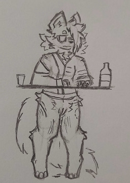 anthro bite_mark bottle clothed clothing container female furniture genitals pantsless scratches solo table tired tired_eyes vulva darthnear canid canine mammal absurd_res hi_res